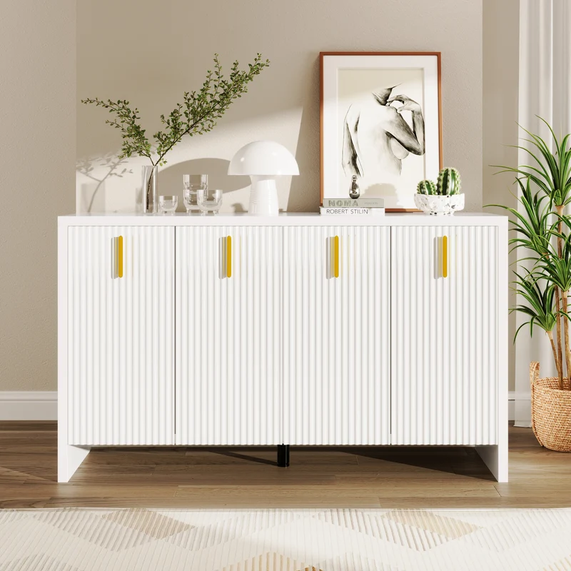 Buffet blanc design ondulé avec poignées dorées 140x38x80cm AEGISKAELOR