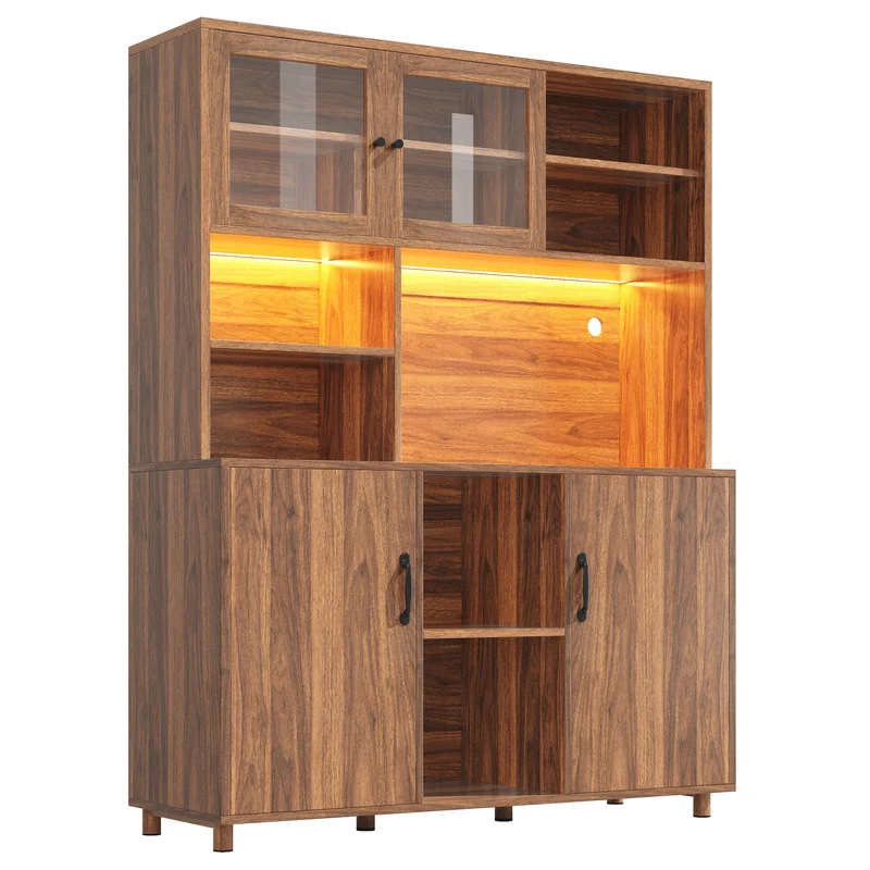 Buffet haut vaisselier effet bois noyer et vitrine en verre avec éclairage LED intelligent XYLEM