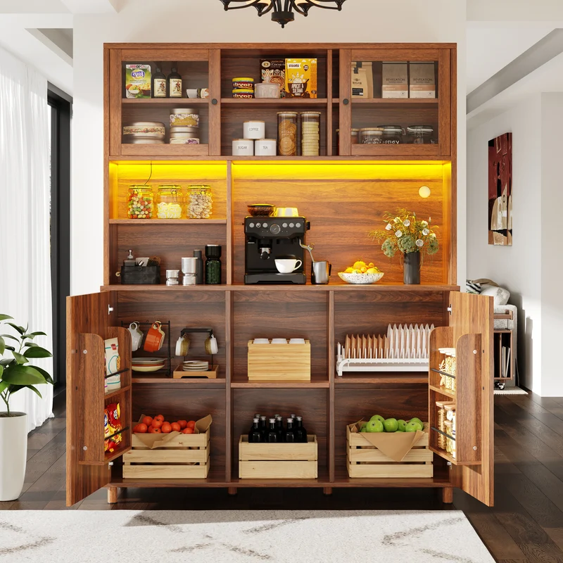 Buffet haut vaisselier effet bois noyer et vitrine en verre avec éclairage LED intelligent XYLEM