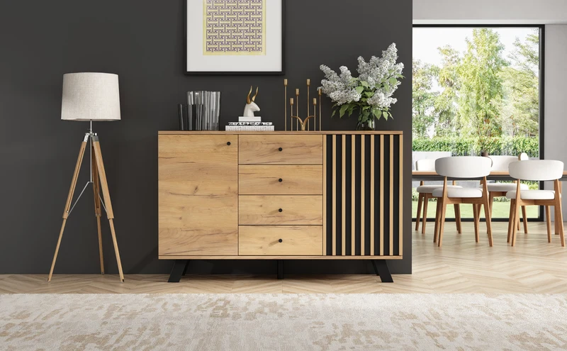 Buffet industriel effet bois naturel et lattes noirs avec 4 tiroirs CORBICUL