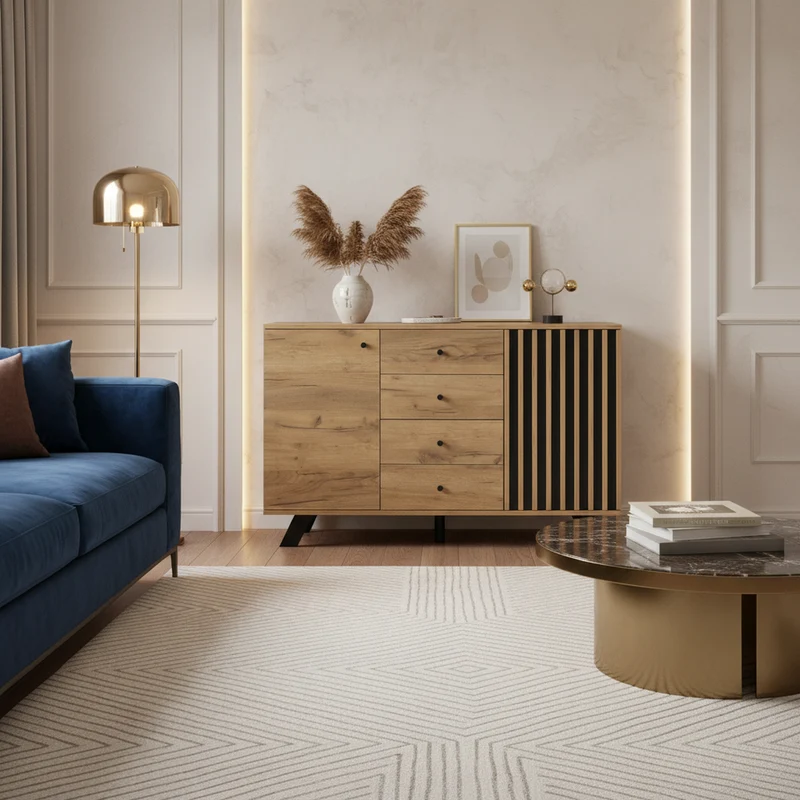 Buffet industriel effet bois naturel et lattes noirs avec 4 tiroirs CORBICUL