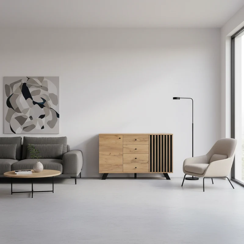 Buffet industriel effet bois naturel et lattes noirs avec 4 tiroirs CORBICUL
