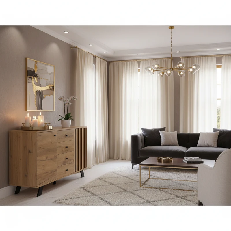 Buffet industriel effet bois naturel et lattes noirs avec 4 tiroirs CORBICUL