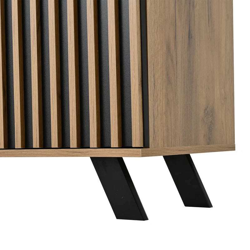 Buffet industriel effet bois naturel et lattes noirs avec 4 tiroirs CORBICUL