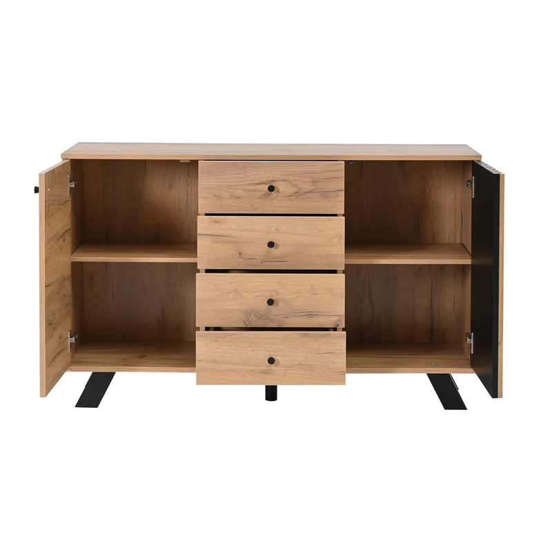 Buffet industriel effet bois naturel et lattes noirs avec 4 tiroirs CORBICUL