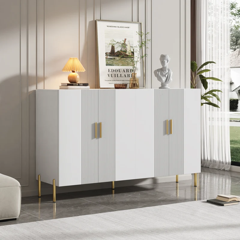 Buffet multifonctionnelle moderne blanc mat 4 portes poignées et pieds dorés 160*35*100 cm KIKS