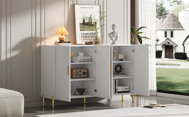 Buffet multifonctionnelle moderne blanc mat 4 portes poignées et pieds dorés 160*35*100 cm KIKS