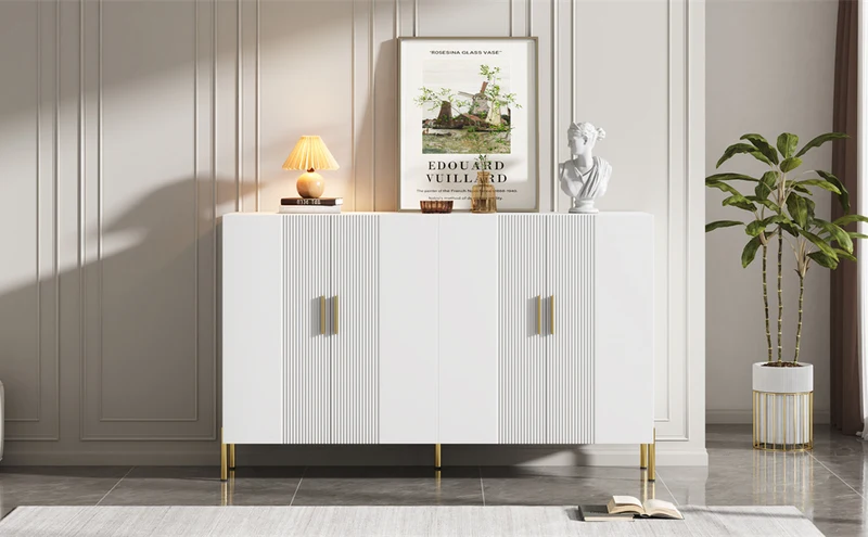 Buffet multifonctionnelle moderne blanc mat 4 portes poignées et pieds dorés 160*35*100 cm KIKS