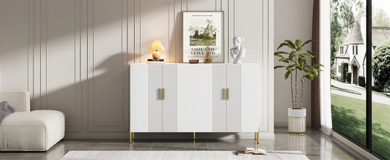 Buffet multifonctionnelle moderne blanc mat 4 portes poignées et pieds dorés 160*35*100 cm KIKS