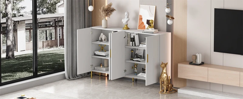Buffet multifonctionnelle moderne blanc mat 4 portes poignées et pieds dorés 160*35*100 cm KIKS