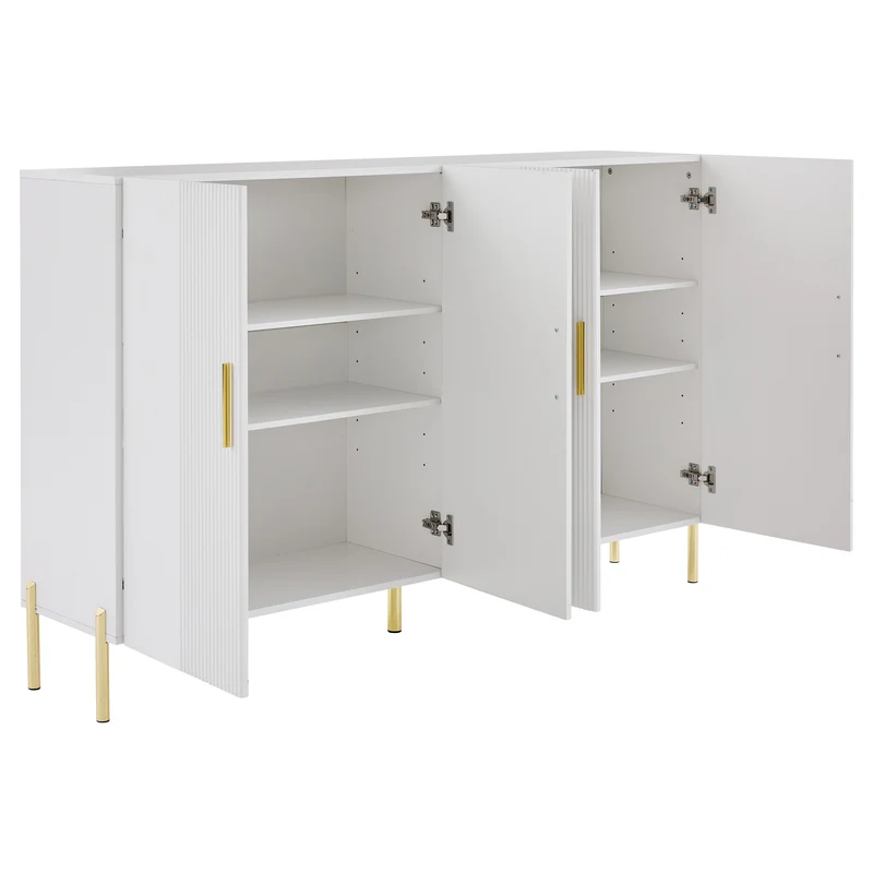 Buffet multifonctionnelle moderne blanc mat 4 portes poignées et pieds dorés 160*35*100 cm KIKS