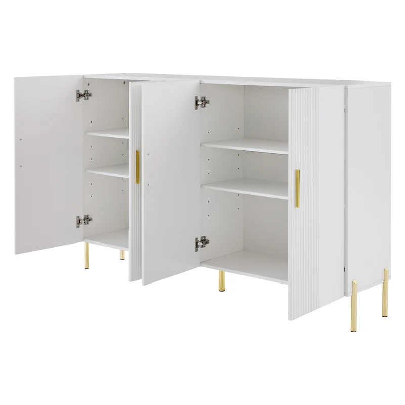 Buffet multifonctionnelle moderne blanc mat 4 portes poignées et pieds dorés 160*35*100 cm KIKS