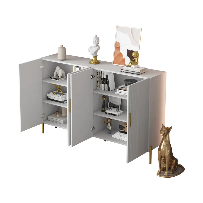 Buffet multifonctionnelle moderne blanc mat 4 portes poignées et pieds dorés 160*35*100 cm KIKS