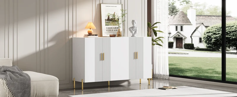 Buffet multifonctionnelle moderne blanc mat 4 portes poignées et pieds dorés 160*35*100 cm KIKS
