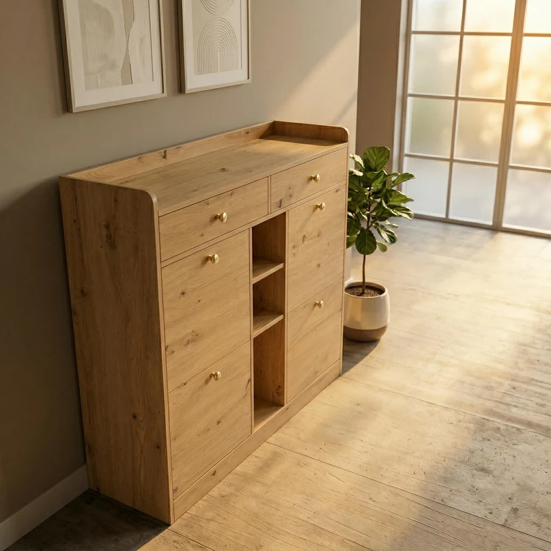 Meuble à chaussures effet bois 4 abattants, 2 tiroirs, 3 niches 110x26x100cm VERTEXMORKYNATHOR