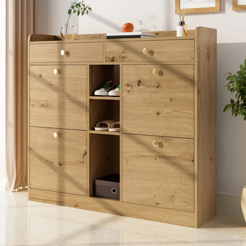 Meuble à chaussures effet bois 4 abattants, 2 tiroirs, 3 niches 110x26x100cm VERTEXMORKYNATHOR