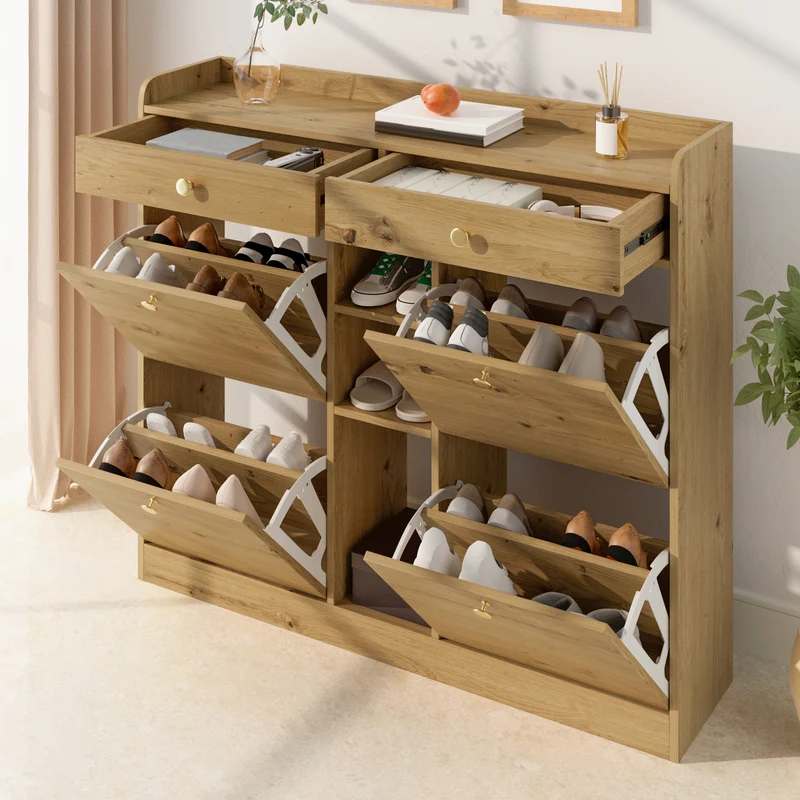Meuble à chaussures effet bois 4 abattants, 2 tiroirs, 3 niches 110x26x100cm VERTEXMORKYNATHOR
