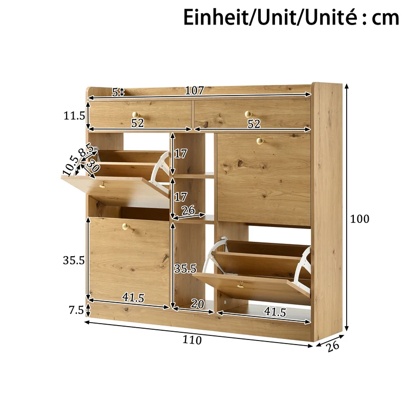 Meuble à chaussures effet bois 4 abattants, 2 tiroirs, 3 niches 110x26x100cm VERTEXMORKYNATHOR