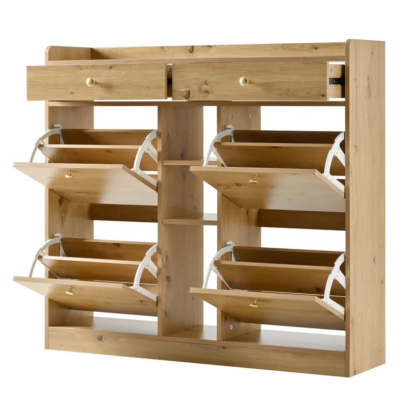 Meuble à chaussures effet bois 4 abattants, 2 tiroirs, 3 niches 110x26x100cm VERTEXMORKYNATHOR