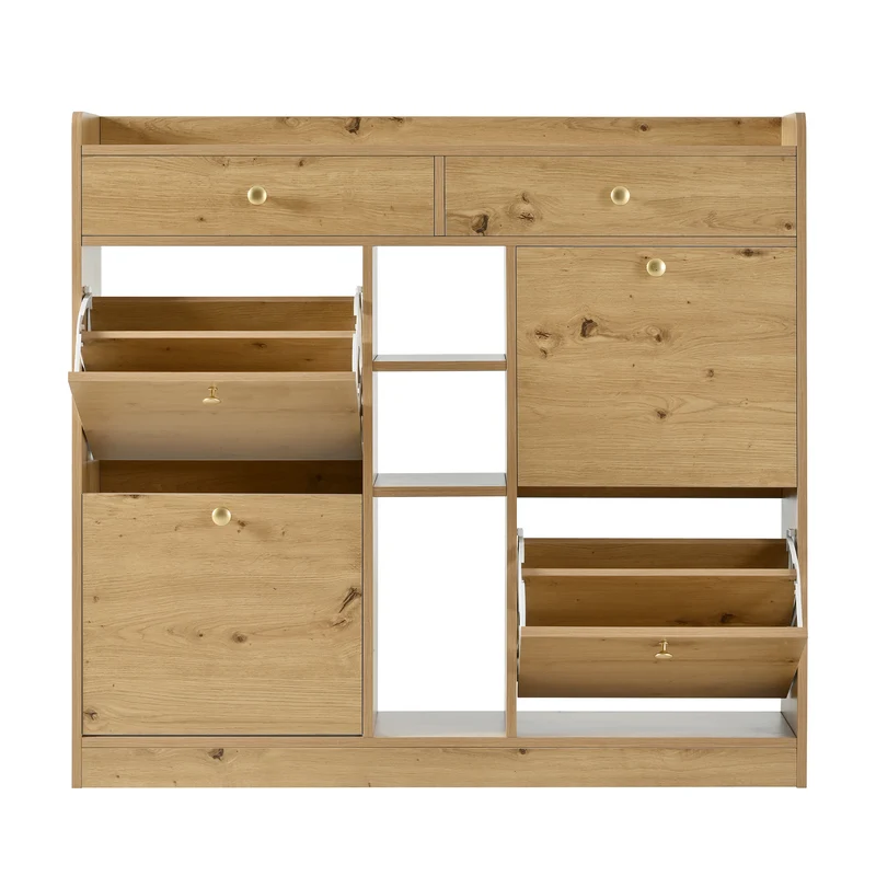 Meuble à chaussures effet bois 4 abattants, 2 tiroirs, 3 niches 110x26x100cm VERTEXMORKYNATHOR