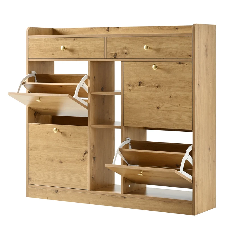 Meuble à chaussures effet bois 4 abattants, 2 tiroirs, 3 niches 110x26x100cm VERTEXMORKYNATHOR