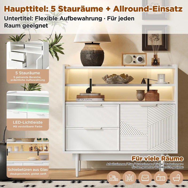 Buffet blanc avec porte en verre, éclairage LED RIFTMORKYNATHOR
