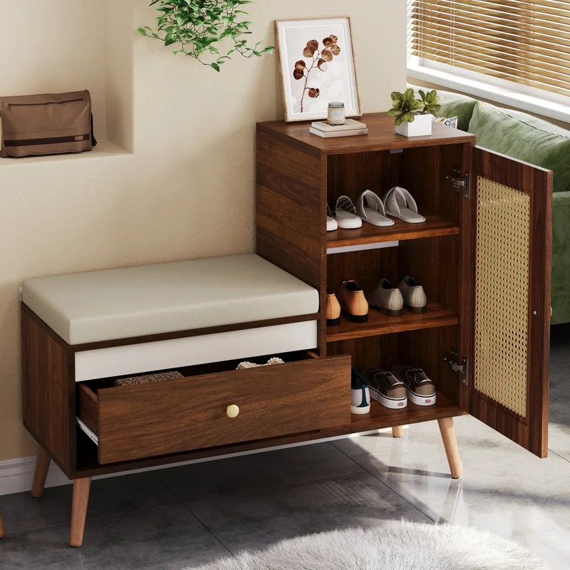 Banc à chaussures effet noyer en rotin avec coussin beige 95,5x35x80,5cm RIFTMORKYNATH