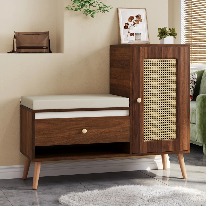 Banc à chaussures effet noyer en rotin avec coussin beige 95,5x35x80,5cm RIFTMORKYNATH