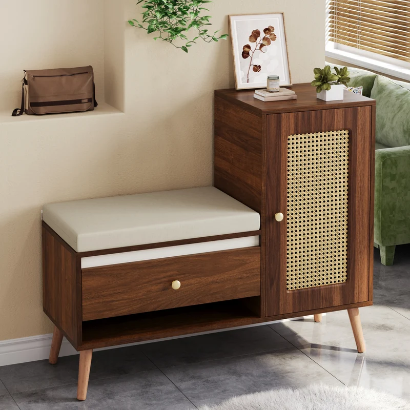 Banc à chaussures effet noyer en rotin avec coussin beige 95,5x35x80,5cm RIFTMORKYNATH