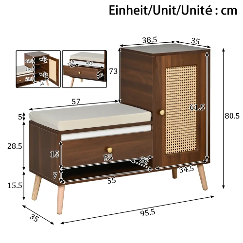 Banc à chaussures effet noyer en rotin avec coussin beige 95,5x35x80,5cm RIFTMORKYNATH