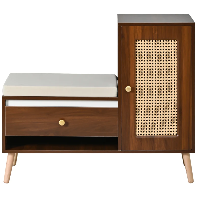 Banc à chaussures effet noyer en rotin avec coussin beige 95,5x35x80,5cm RIFTMORKYNATH