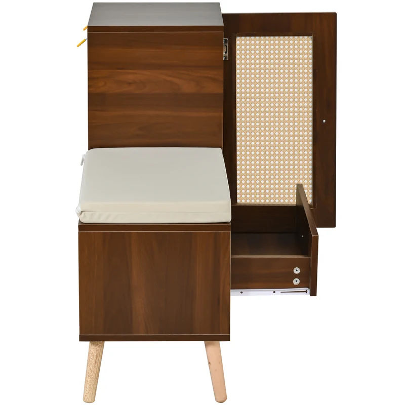 Banc à chaussures effet noyer en rotin avec coussin beige 95,5x35x80,5cm RIFTMORKYNATH