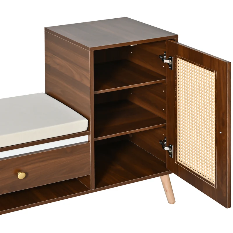 Banc à chaussures effet noyer en rotin avec coussin beige 95,5x35x80,5cm RIFTMORKYNATH