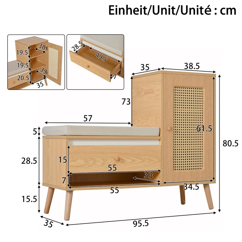 Meuble à chaussures effet bois en rotin coussin gris 95,5x35x80,5cm RIFTVALTHYNOR