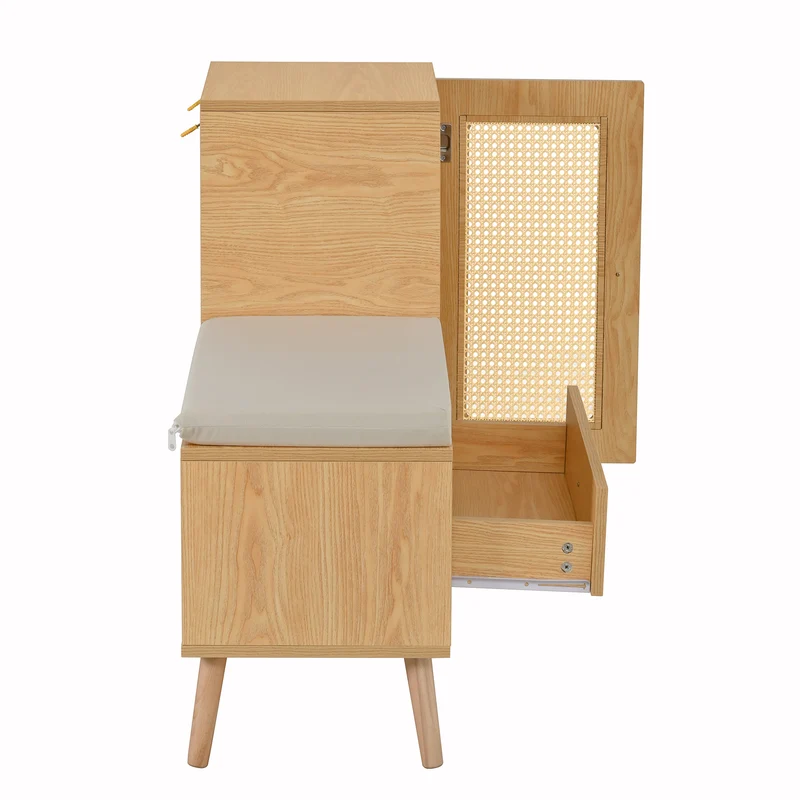 Meuble à chaussures effet bois en rotin coussin gris 95,5x35x80,5cm RIFTVALTHYNOR
