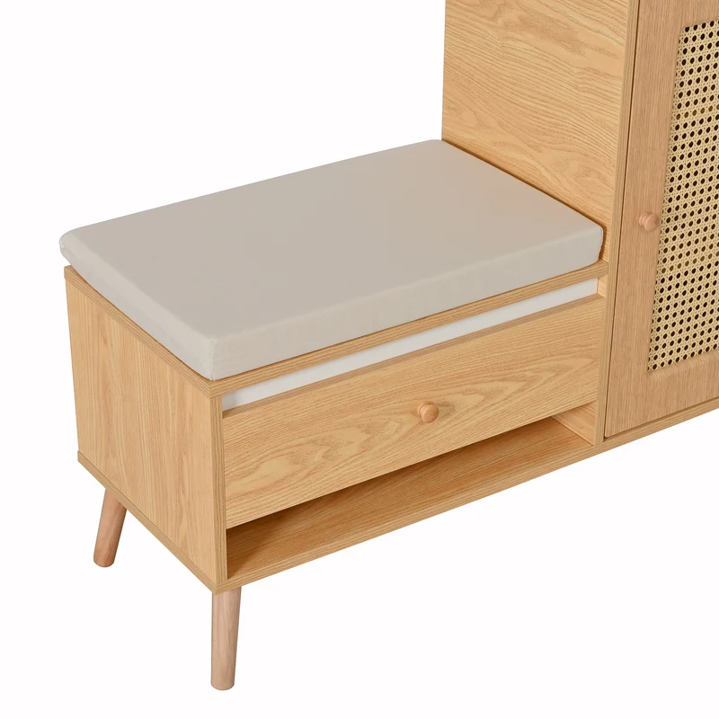 Meuble à chaussures effet bois en rotin coussin gris 95,5x35x80,5cm RIFTVALTHYNOR