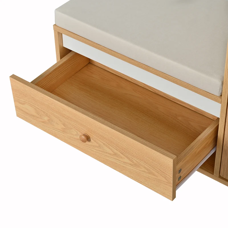 Meuble à chaussures effet bois en rotin coussin gris 95,5x35x80,5cm RIFTVALTHYNOR