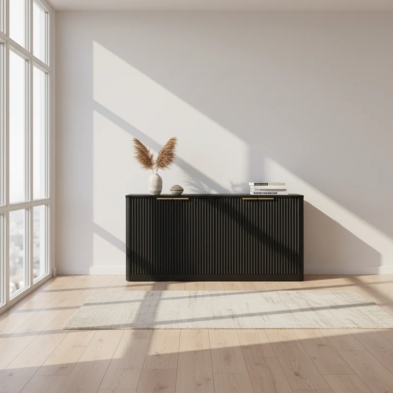 Buffet noir 4 portes façade ondulé et détails dorés 150x40x70,5cm VERTEXZYNTHYN
