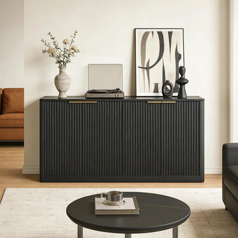 Buffet noir 4 portes façade ondulé et détails dorés 150x40x70,5cm VERTEXZYNTHYN