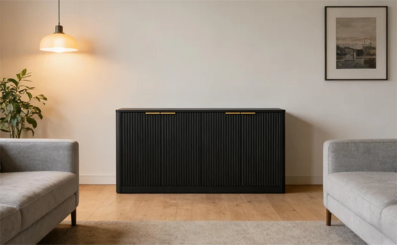 Buffet noir 4 portes façade ondulé et détails dorés 150x40x70,5cm VERTEXZYNTHYN