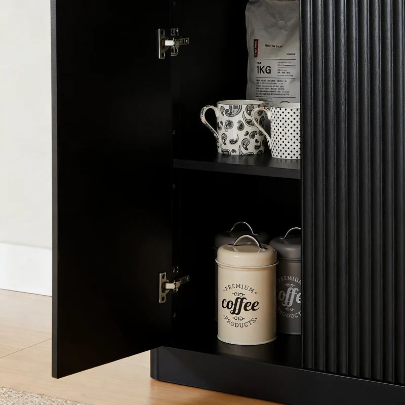 Buffet noir 4 portes façade ondulé et détails dorés 150x40x70,5cm VERTEXZYNTHYN