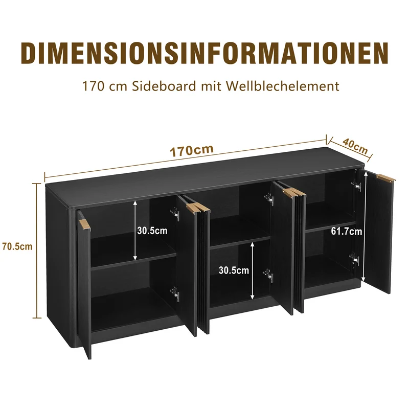 Buffet noir 6 portes façade ondulé et détails dorés 170x40x70,5cm VERTEXKRYOSYNOR