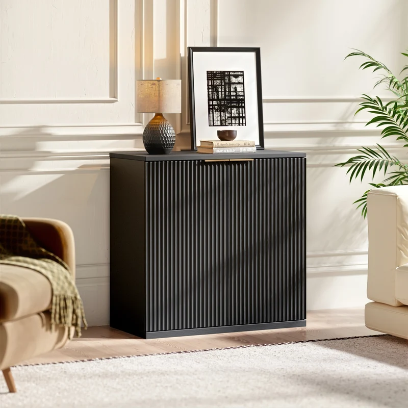 Buffet noir 2 portes façade texturée et détails dorés 60x30x70 cm VERTEXKRYOSYNATH