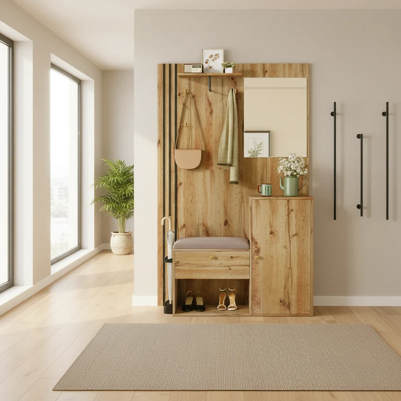 Vestiaire à l'entrée effet bois avec miroir, assise rangement chaussures et porte-parapluie 115x185x37cm MOMENTUMNEXUS