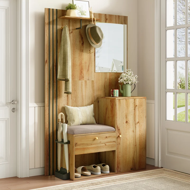 Vestiaire à l'entrée effet bois avec miroir, assise rangement chaussures et porte-parapluie 115x185x37cm MOMENTUMNEXUS