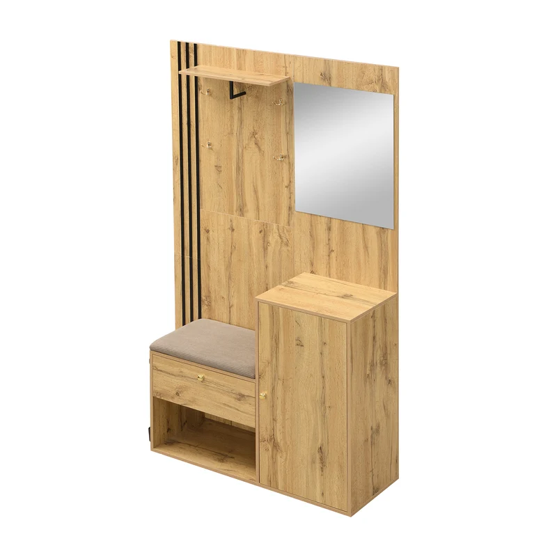 Vestiaire à l'entrée effet bois avec miroir, assise rangement chaussures et porte-parapluie 115x185x37cm MOMENTUMNEXUS