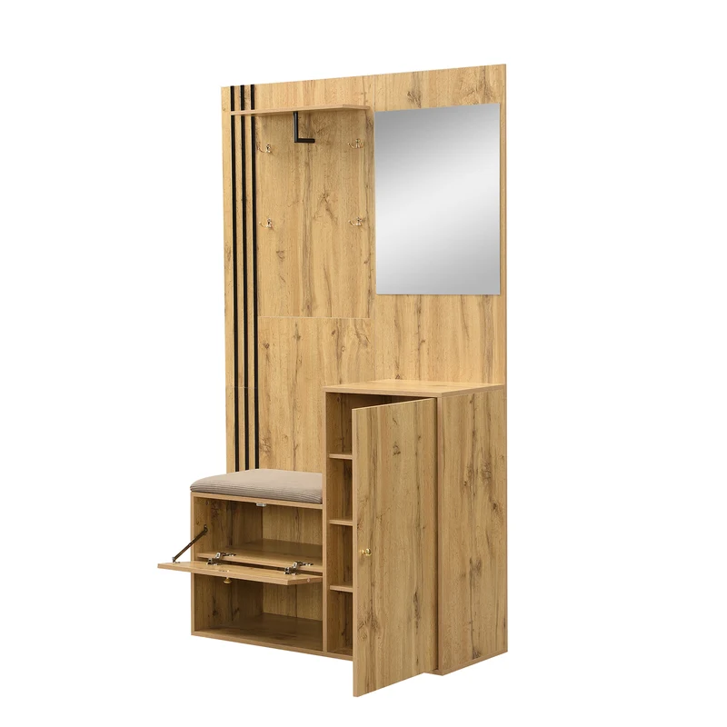 Vestiaire à l'entrée effet bois avec miroir, assise rangement chaussures et porte-parapluie 115x185x37cm MOMENTUMNEXUS