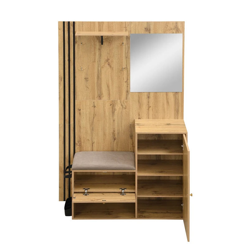 Vestiaire à l'entrée effet bois avec miroir, assise rangement chaussures et porte-parapluie 115x185x37cm MOMENTUMNEXUS