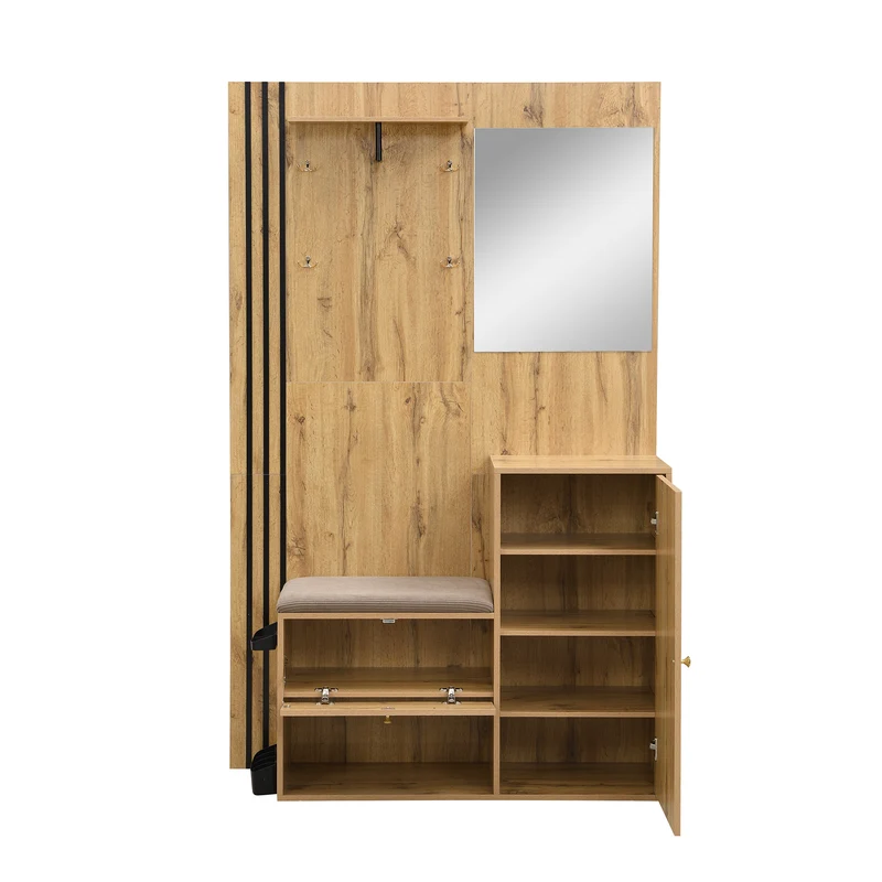 Vestiaire à l'entrée effet bois avec miroir, assise rangement chaussures et porte-parapluie 115x185x37cm MOMENTUMNEXUS