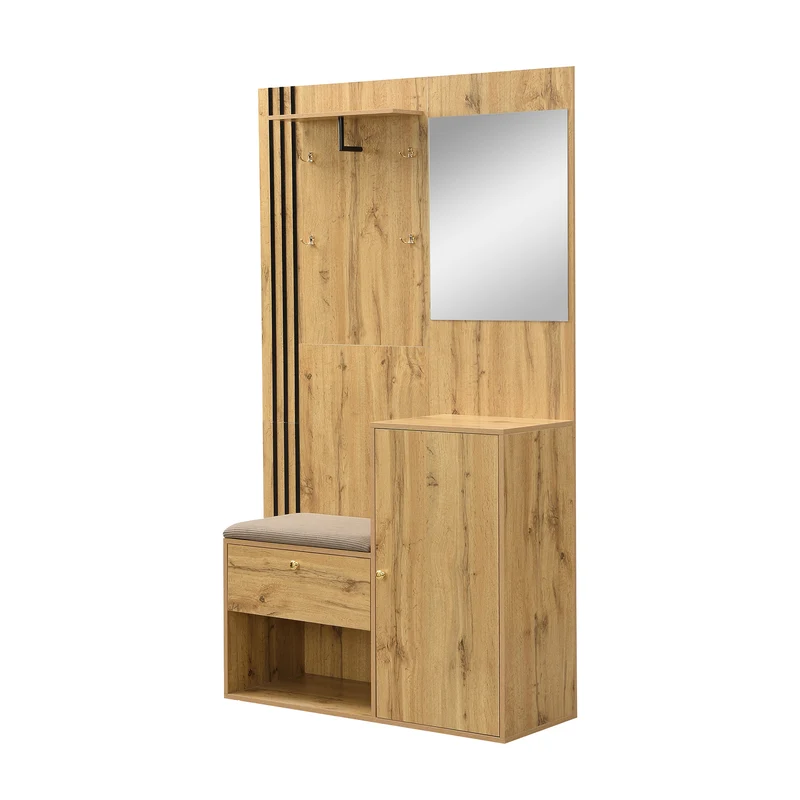 Vestiaire à l'entrée effet bois avec miroir, assise rangement chaussures et porte-parapluie 115x185x37cm MOMENTUMNEXUS